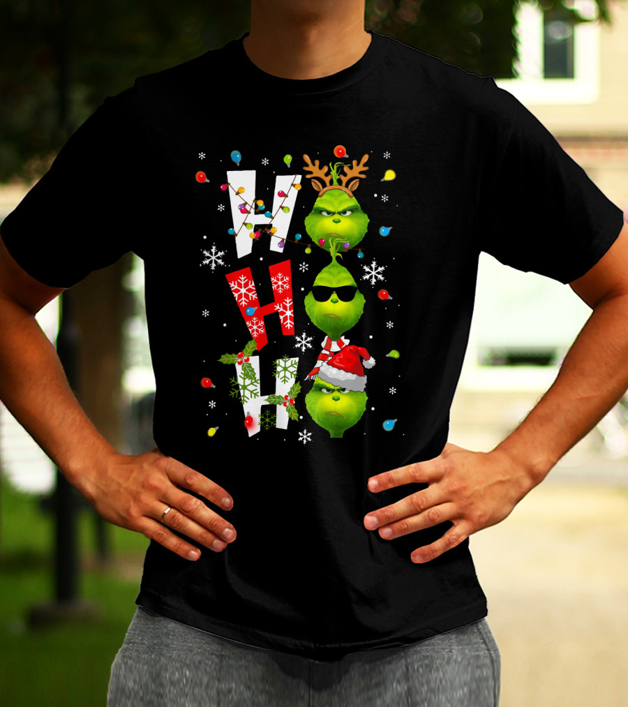 Ho Ho Ho Grinch Christmas Lights Antlers Hat Sunglasses Snowflakes T-Shirt