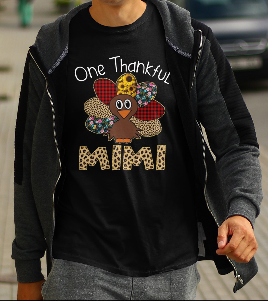 One Thankful Mimi Turkey With Sunflower And Patterned Feathers T-Shirt