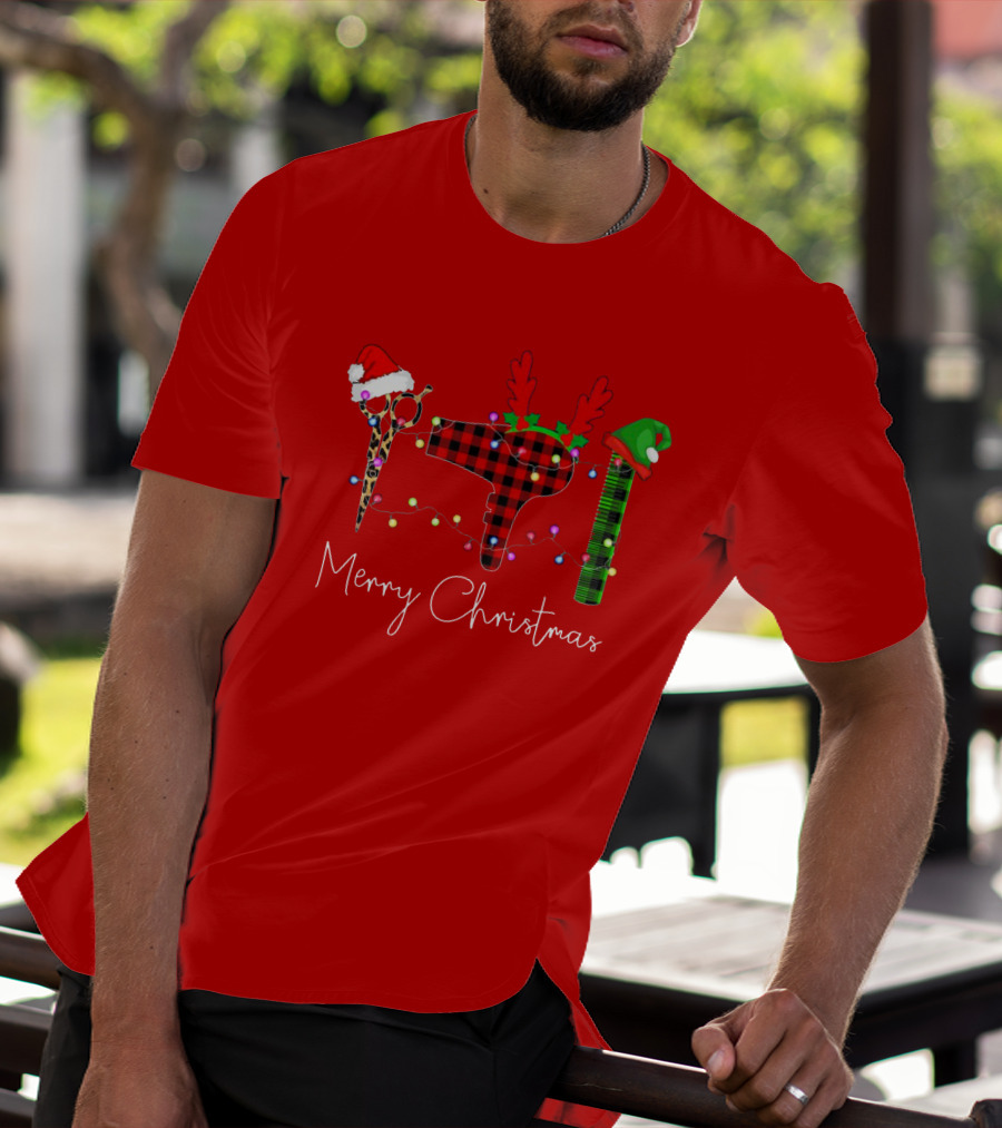 Hair Stylist Merry Christmas Scissors Dryer Comb Holiday Hat T-Shirt