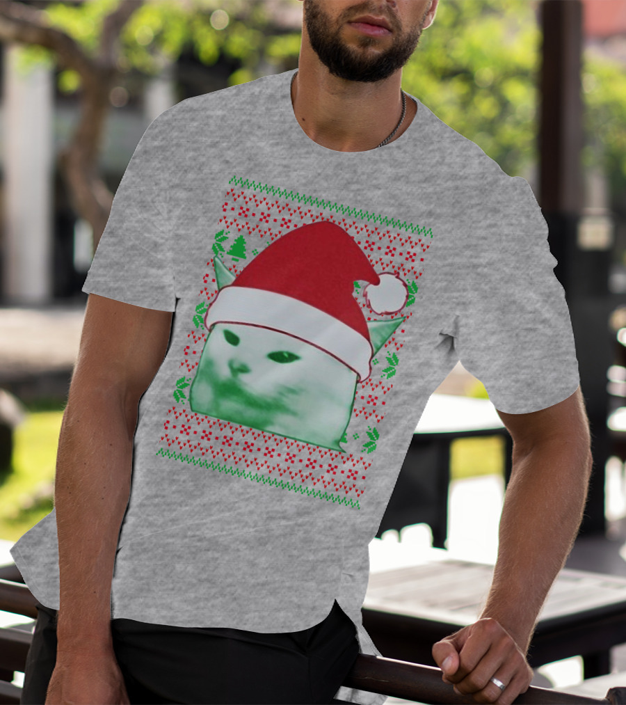 Santa Hat Cat Meme Christmas Pattern Raglan T-Shirt