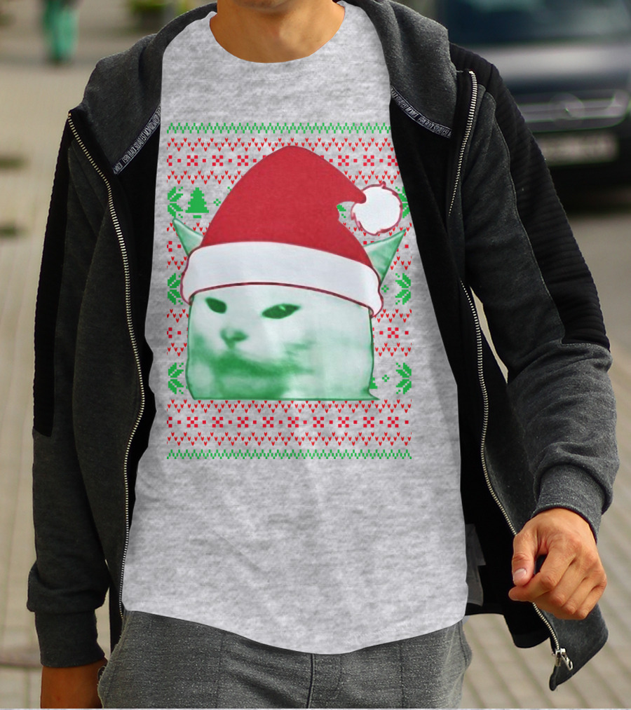 Santa Hat Cat Meme Christmas Pattern Raglan T-Shirt