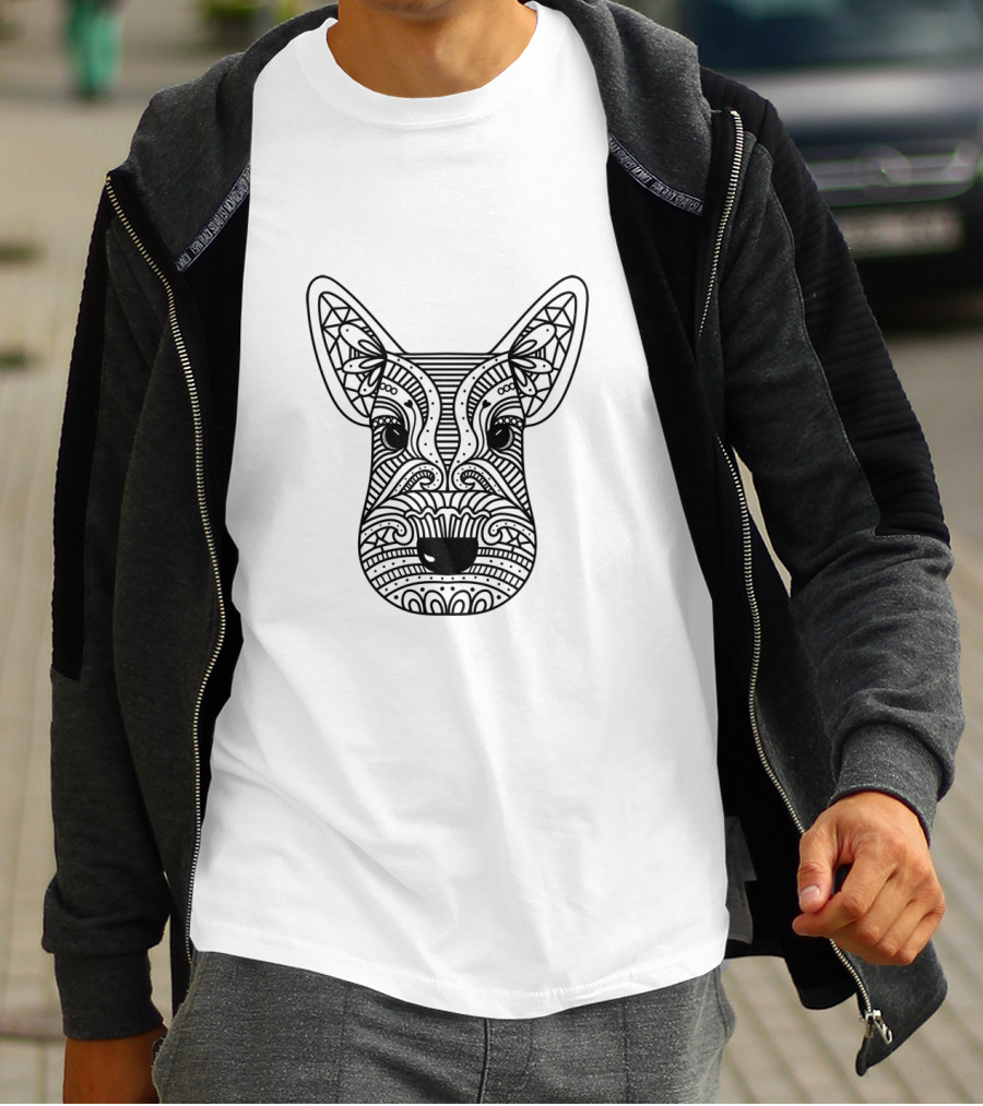 Intricate Hand Drawn Black Line Dog Face T-Shirt