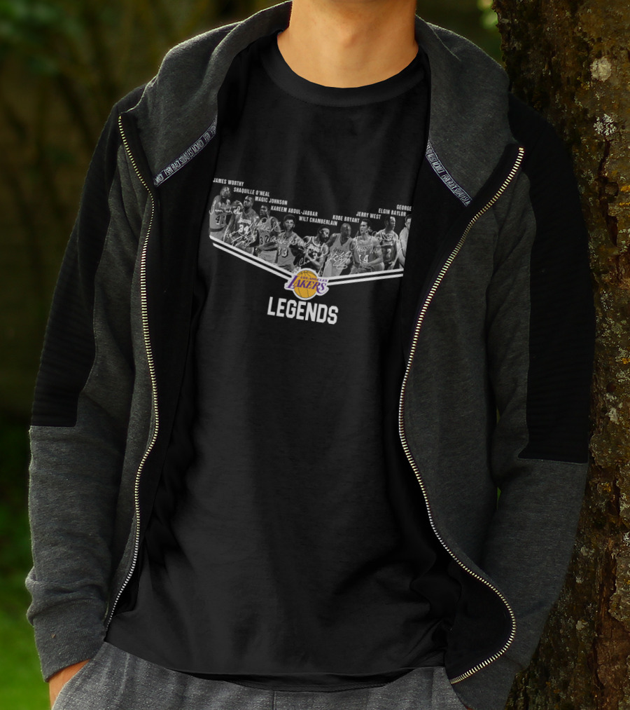 Los Angeles Lakers Legends Wilt Chamberlain Kareem Abdul-Jabbar Jerry West Magic Johnson Shaquille O'Neal Kobe Bryant James Worthy George Mikan Elgin Baylor Signature T-Shirt