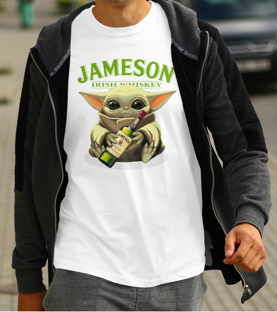 Jameson Irish Whiskey Baby Yoda Holding Whiskey Bottle T-Shirt