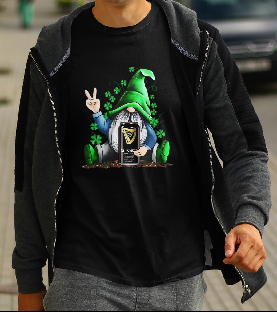 Guinness Can Holding Irish Gnome With Shamrocks Peace Sign St Patrick's Day T-Shirt
