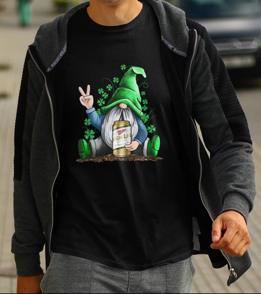 Irish Gnome Peace Sign Shamrocks Miller High Life St Patrick's Day T-Shirt