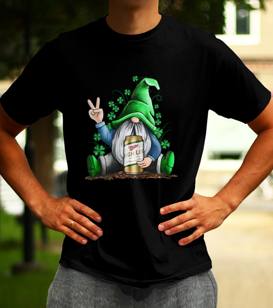 Irish Gnome Peace Sign Shamrocks Miller High Life St Patrick's Day T-Shirt