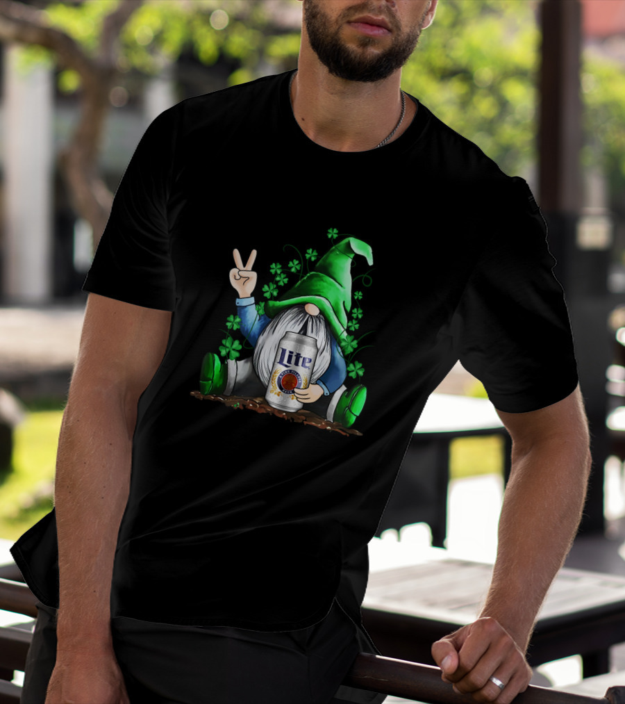 Miller Lite Irish Gnome Peace Sign Shamrocks St Patrick's Day T-Shirt