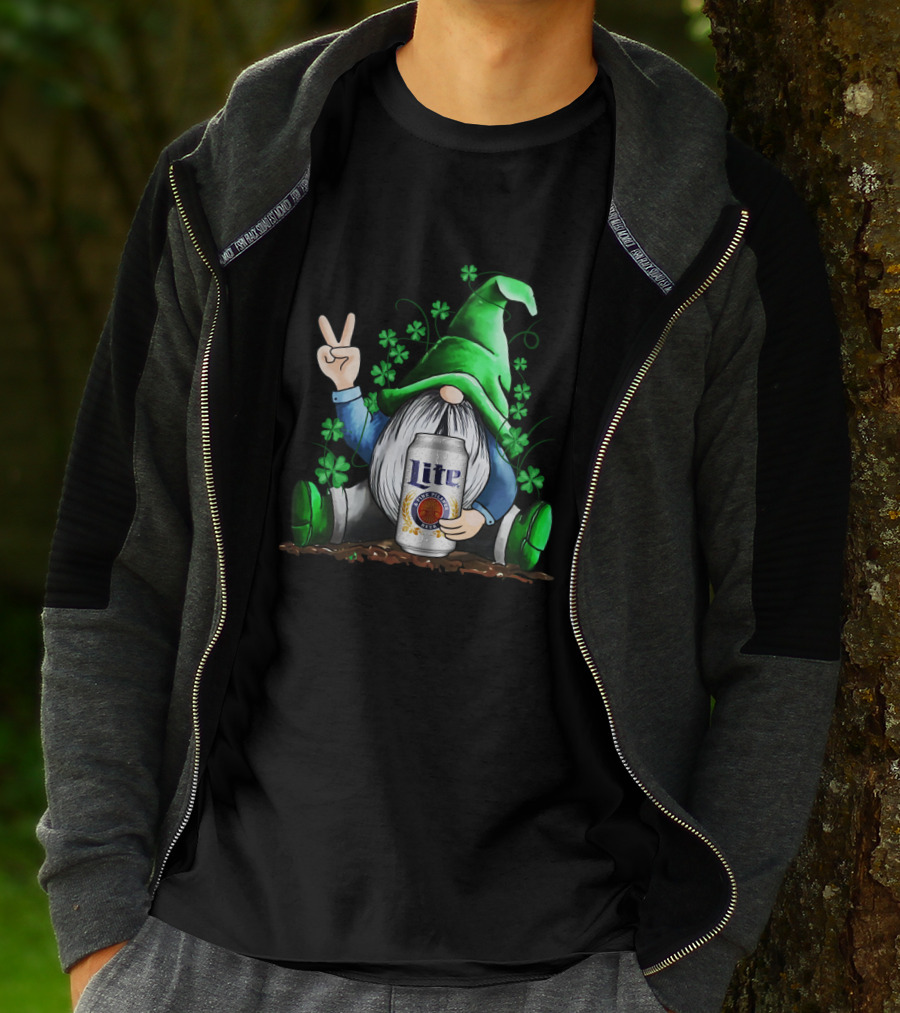 Miller Lite Irish Gnome Peace Sign Shamrocks St Patrick's Day T-Shirt