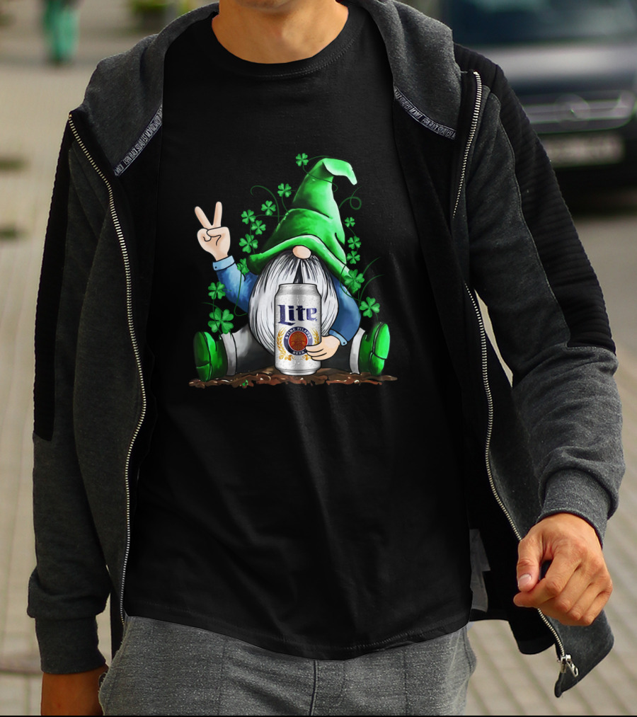 Miller Lite Irish Gnome Peace Sign Shamrocks St Patrick's Day T-Shirt