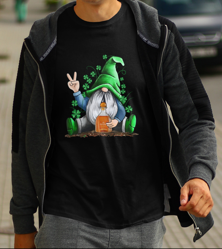 Patron Bottle Hug By Irish Gnome With Shamrocks For St Patrick's Day T-Shirt