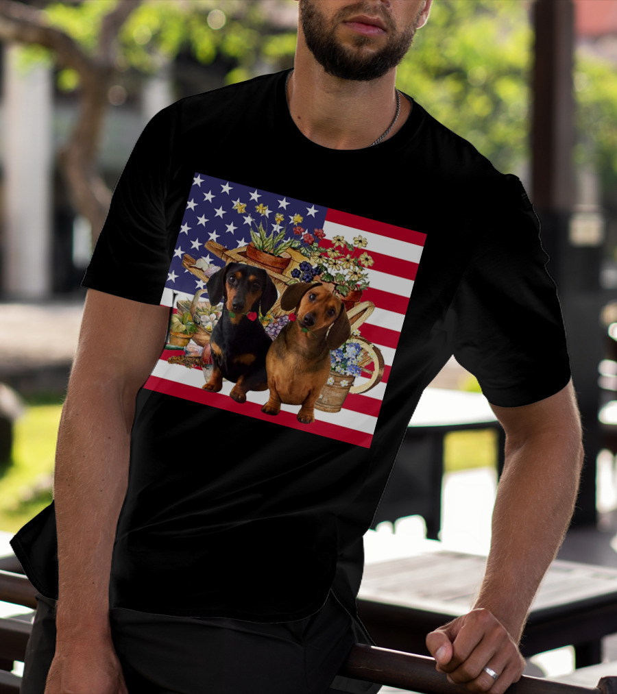 Daschund Flower Garden American Flag Backdrop Face Mask T-Shirt