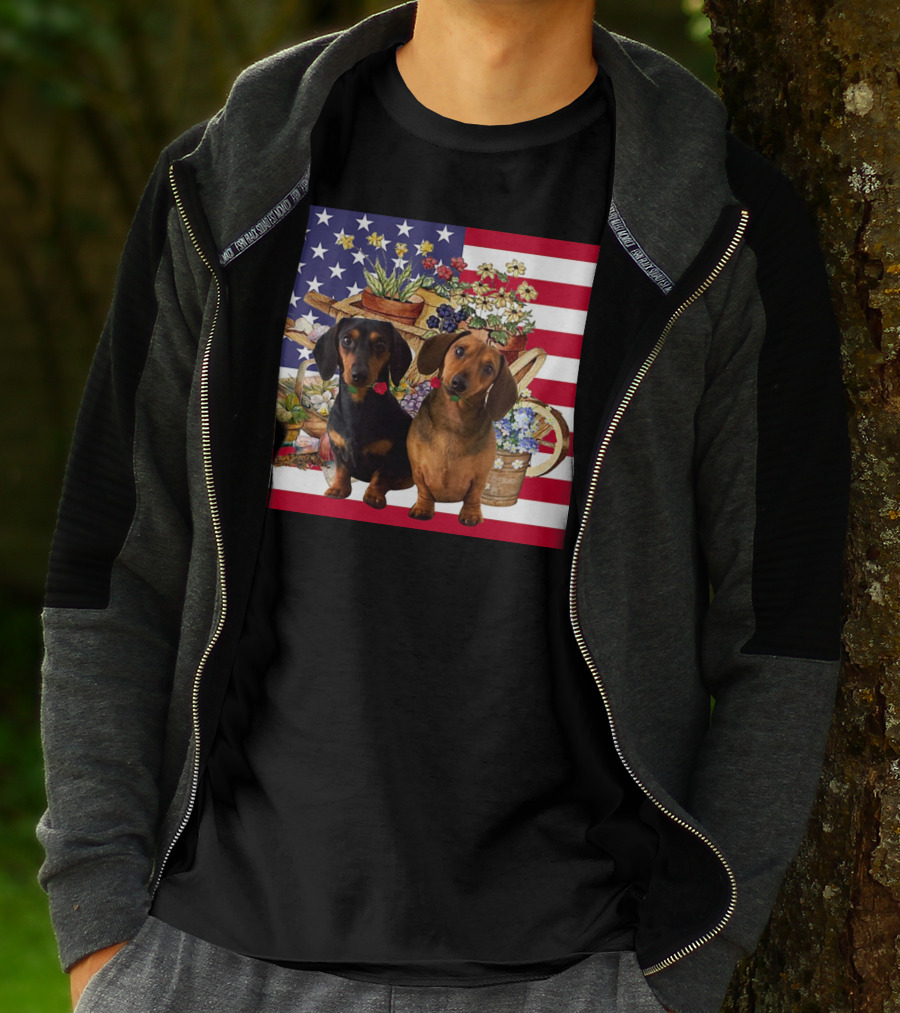 Daschund Flower Garden American Flag Backdrop Face Mask T-Shirt