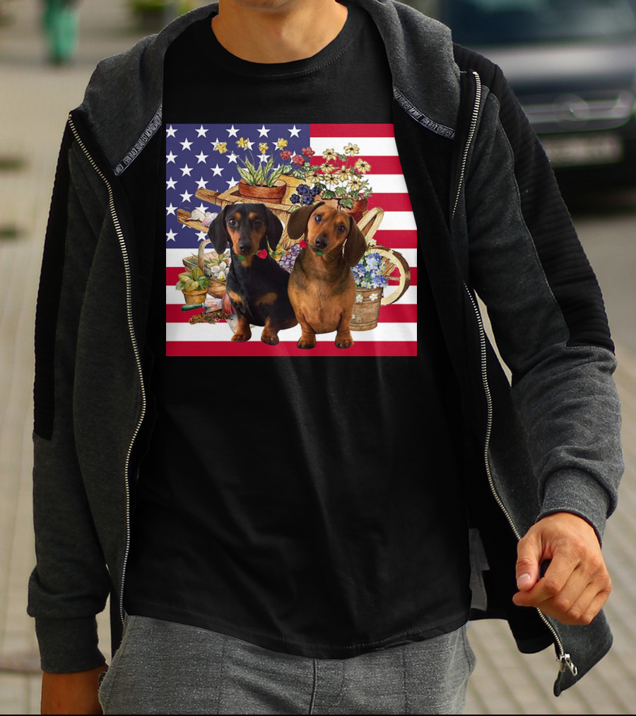 Daschund Flower Garden American Flag Backdrop Face Mask T-Shirt