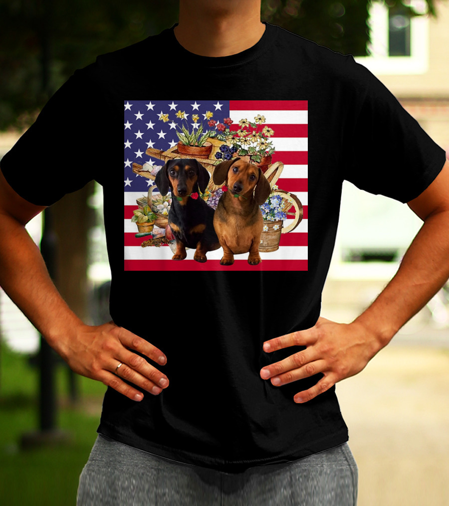 Daschund Flower Garden American Flag Backdrop Face Mask T-Shirt