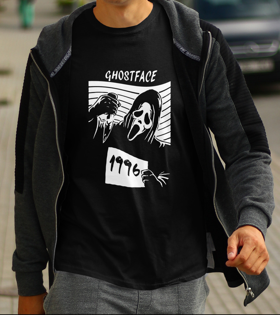 Ghostface 1996 Classic Movie Icon With Knife And Hooded Mask T-Shirt