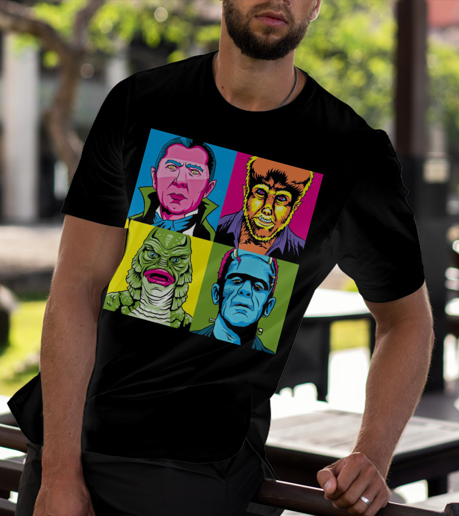 Dracula Frankenstein Wolfman Creature Horror Pop Art Icons T-Shirt