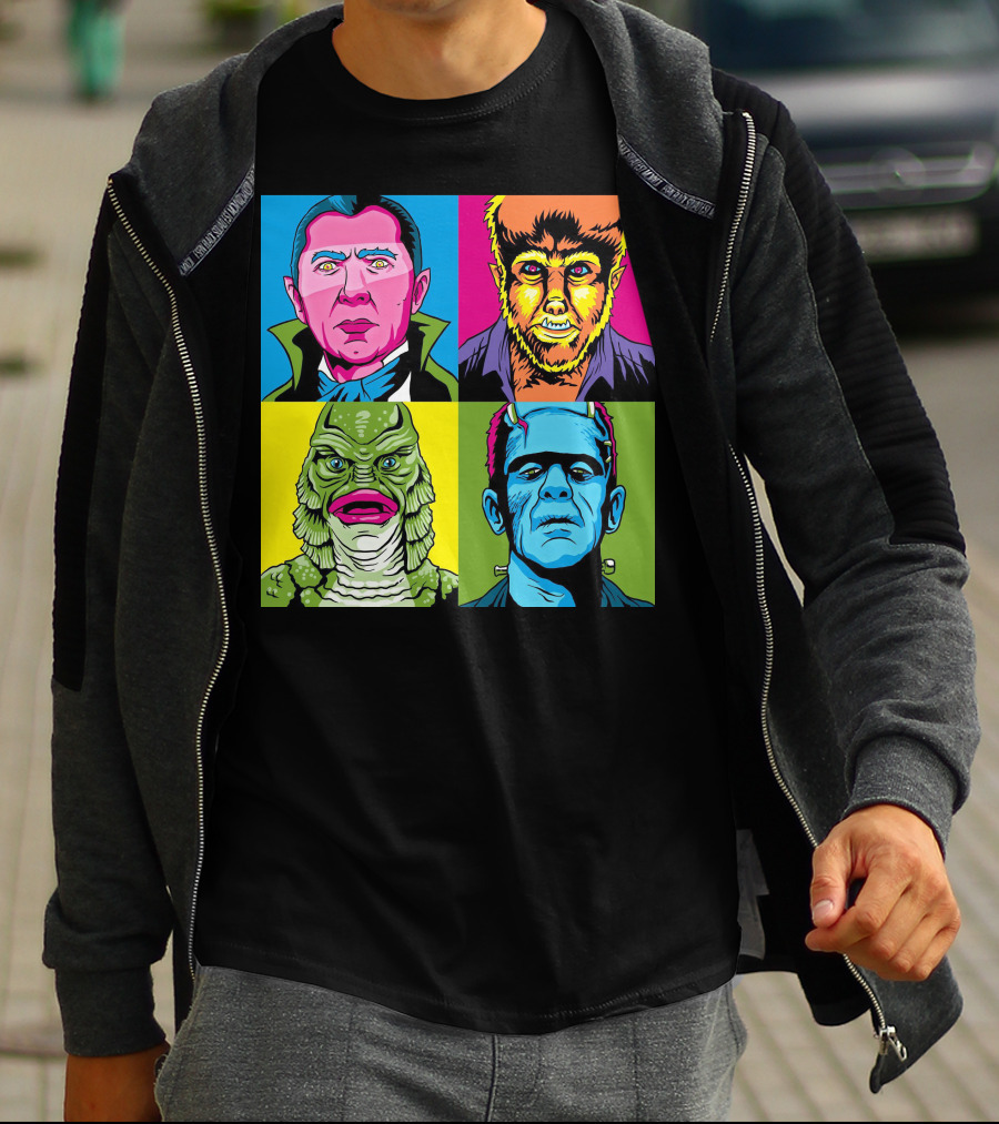 Dracula Frankenstein Wolfman Creature Horror Pop Art Icons T-Shirt