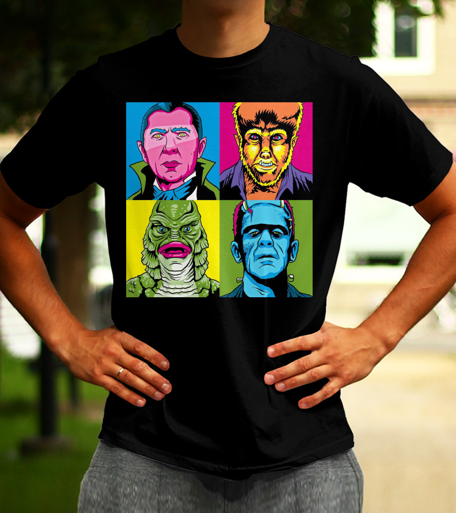 Dracula Frankenstein Wolfman Creature Horror Pop Art Icons T-Shirt