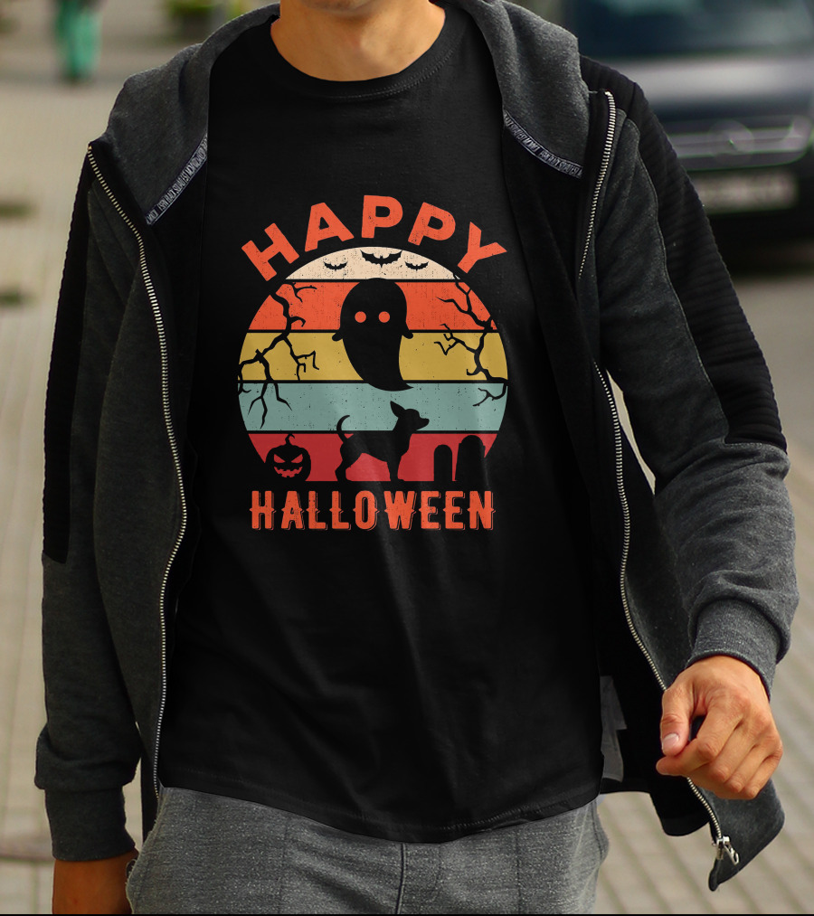 Happy Halloween Chihuahua Ghost Pumpkin Retro Stripes T-Shirt