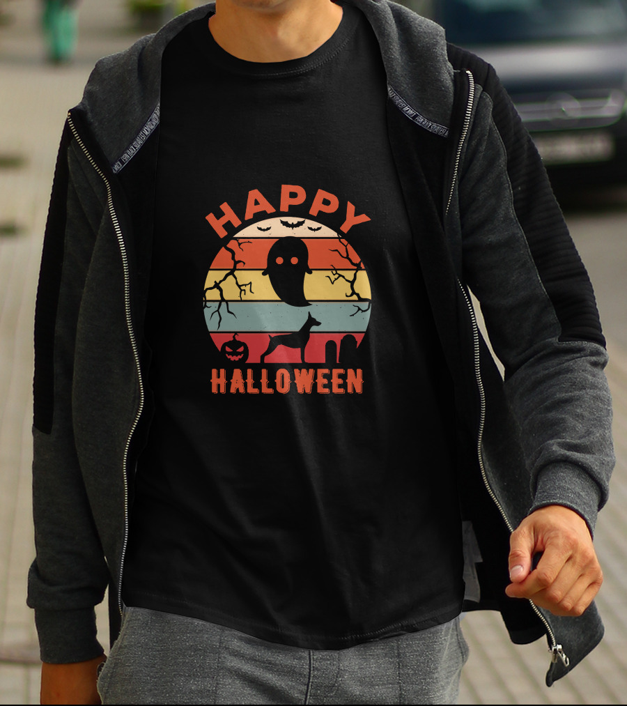 Happy Halloween Ghost Doberman Pumpkin Stripes T-Shirt