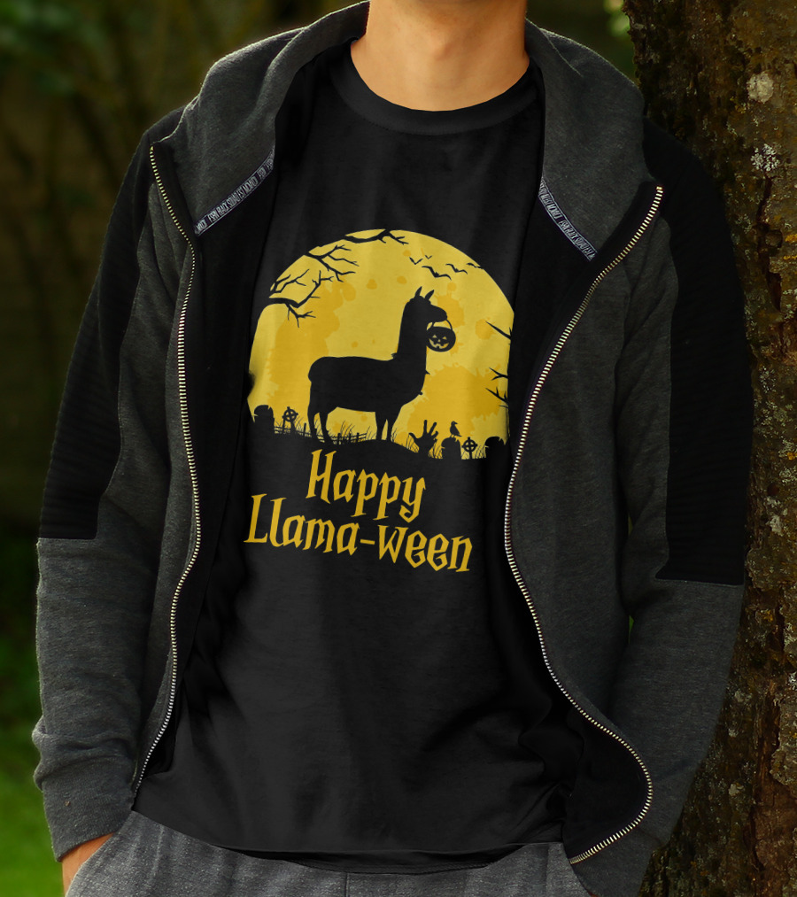 Happy Llamaween Llama Holding Pumpkin Silhouette In Spooky Halloween Scene T-Shirt