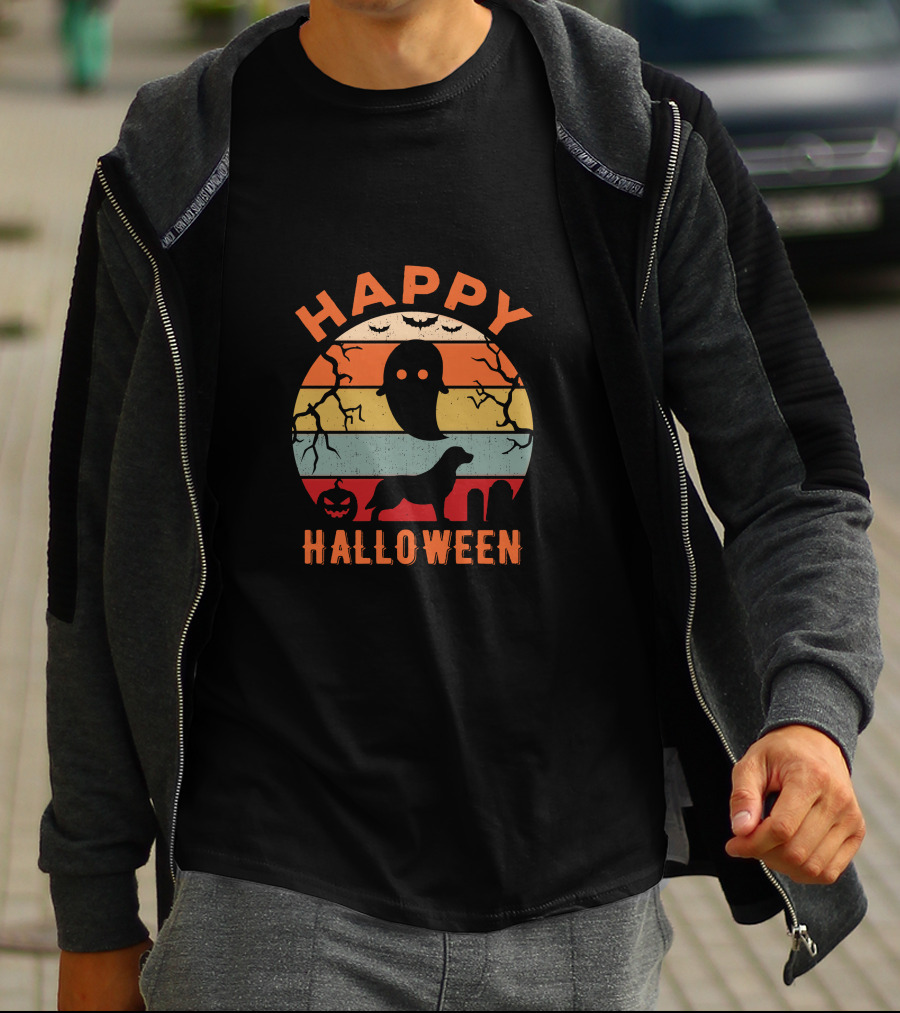 Happy Halloween Retriever Ghost Pumpkin Stripes T-Shirt