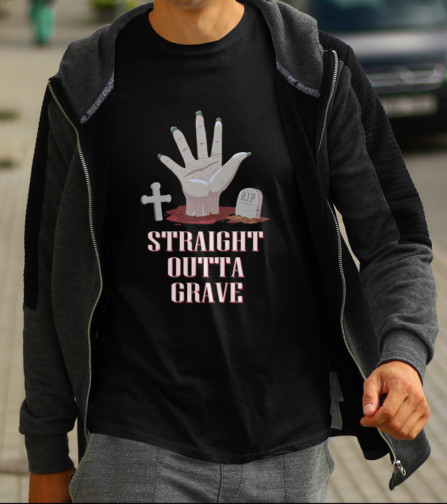 Straight Outta Grave Zombie Hand Tombstone Cross RIP T-Shirt