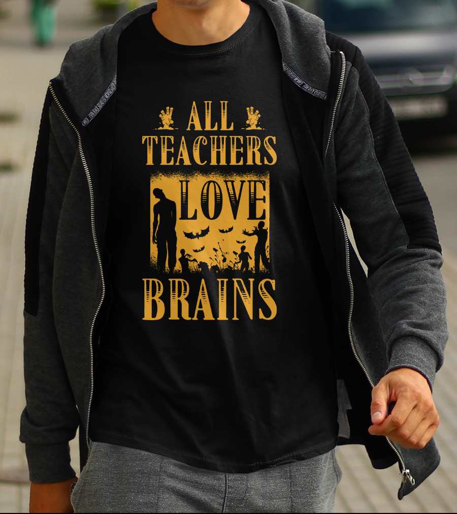 All Teachers Love Brains Zombie Silhouette Bats And Graveyard T-Shirt