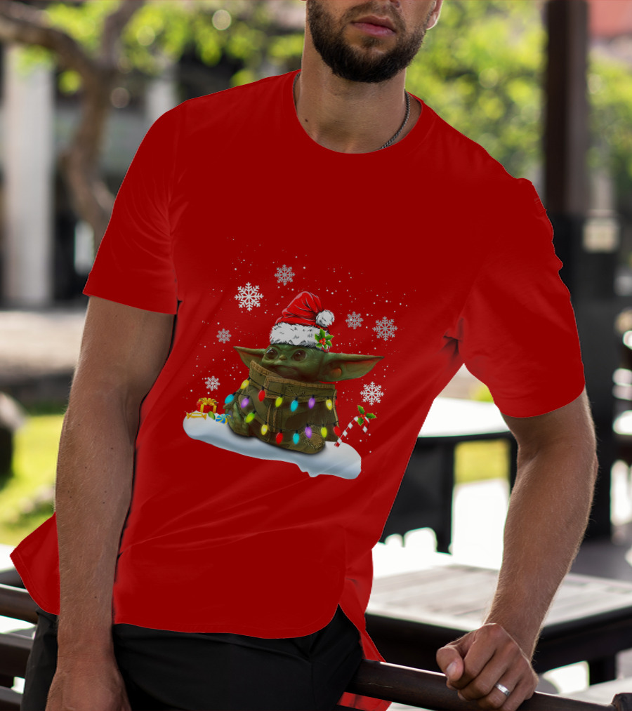 Santa Baby Yoda Christmas Lights Snowflakes Candy Cane Holiday Scene T-Shirt