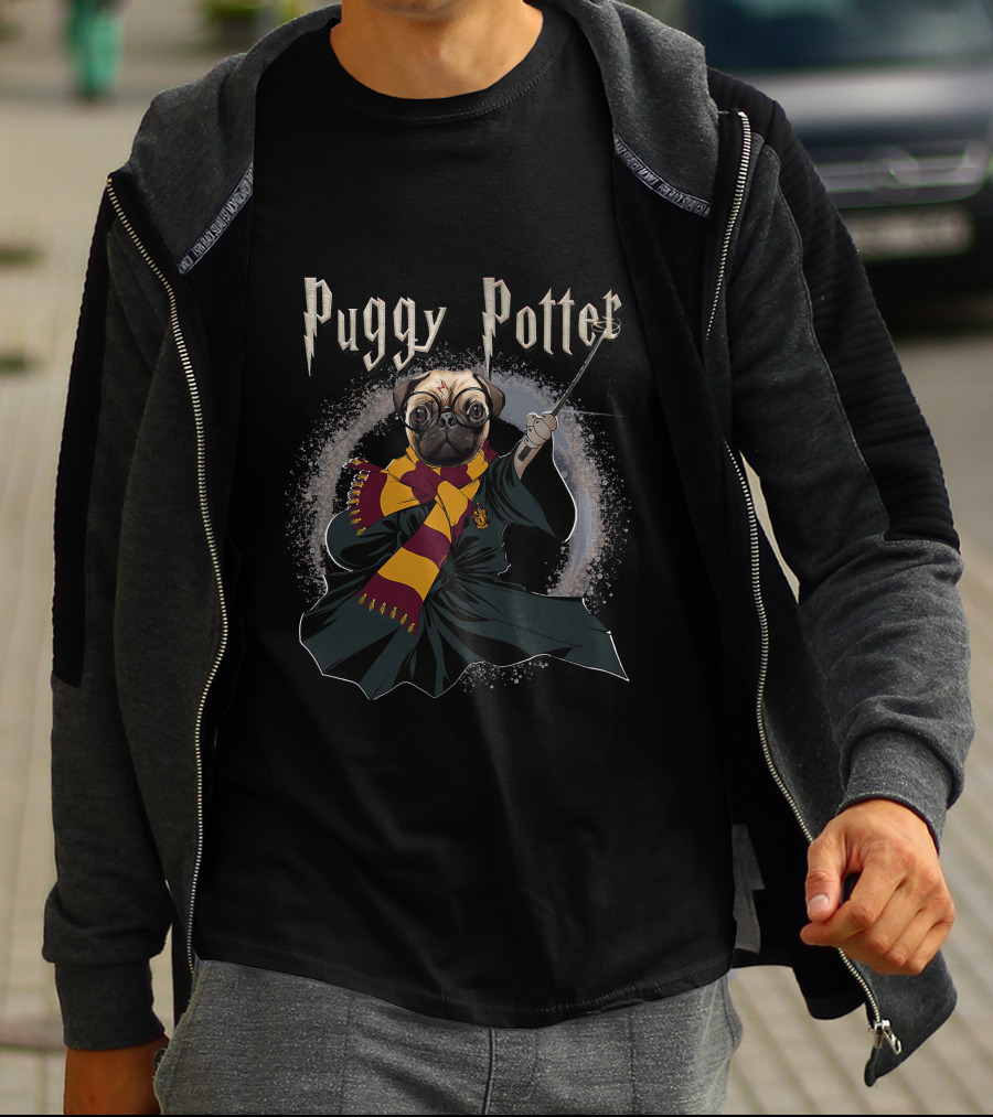 Puggy Potter Magic Wizard With Scarf And Wand T-Shirt