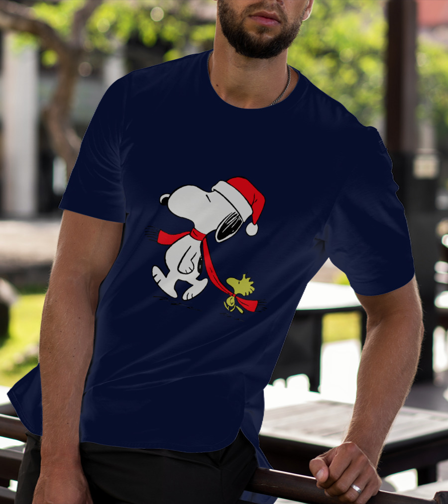 Snoopy Santa Hat And Woodstock Christmas Peanuts Scarf T-Shirt