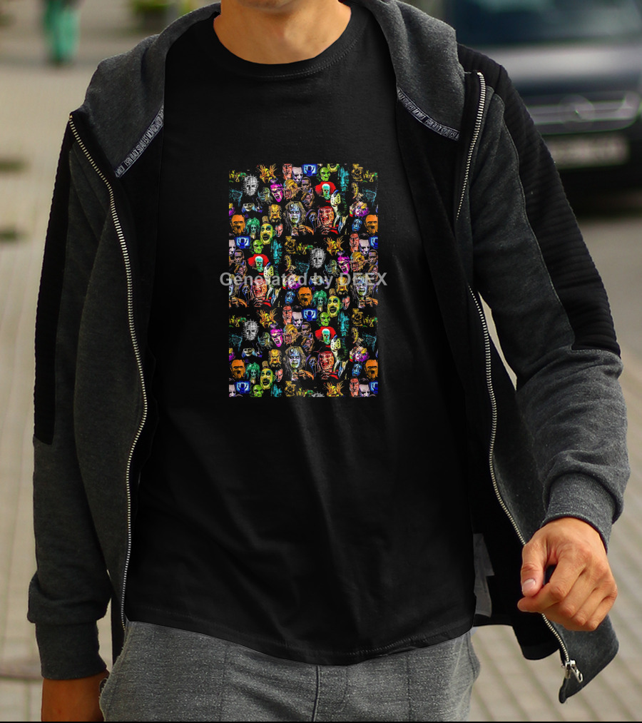 Horror Movie Character Faces Collage Multicolor T-Shirt