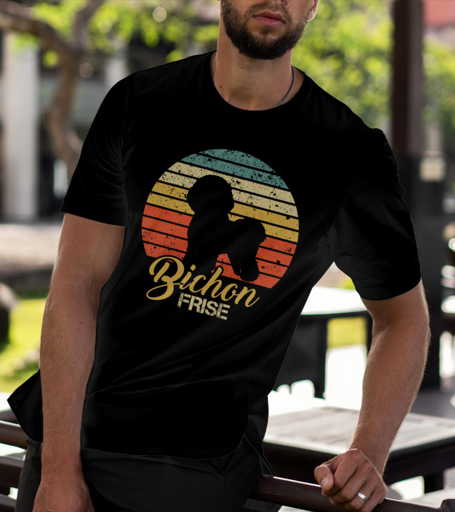 Retro Sunset Silhouette Bichon Frise Stripes T-Shirt