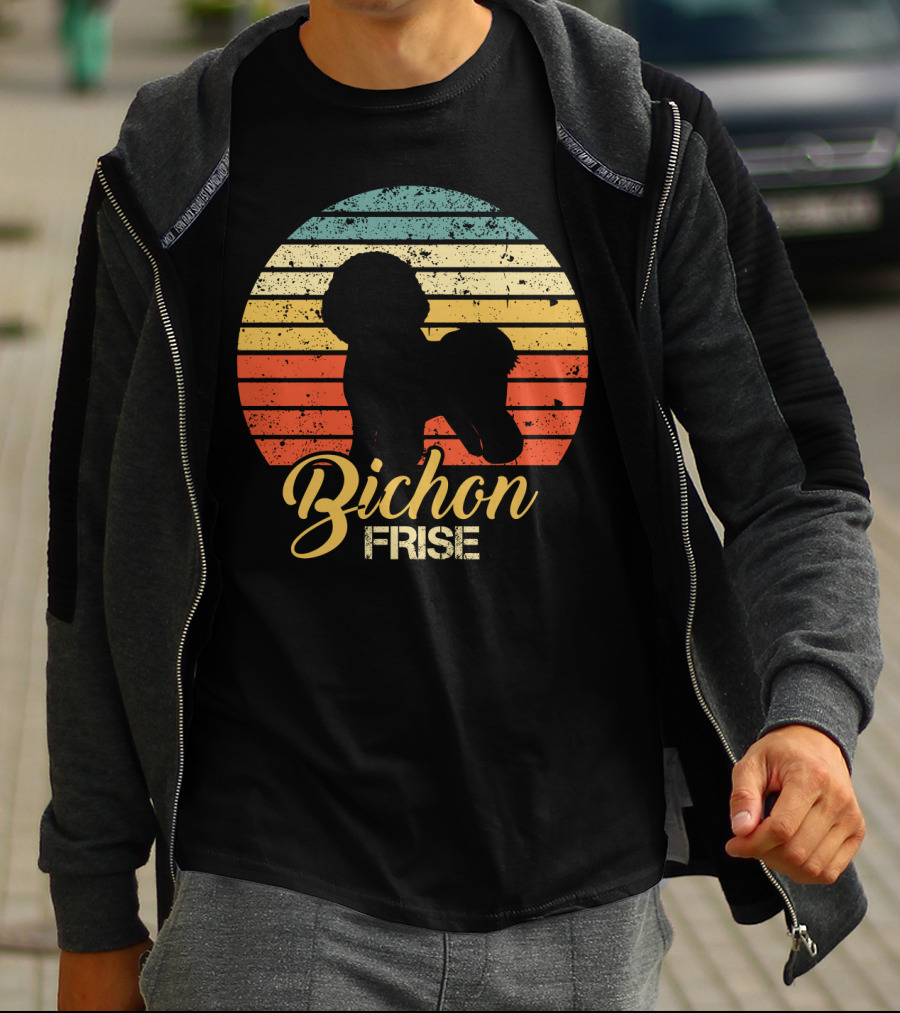 Retro Sunset Silhouette Bichon Frise Stripes T-Shirt