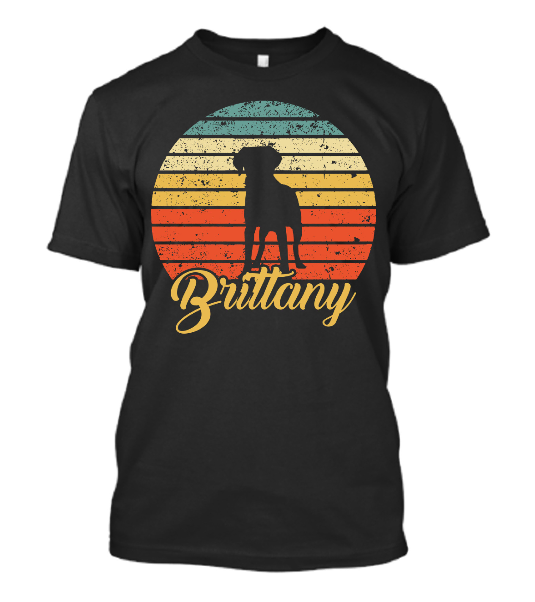 Brittany Spaniel Silhouette Retro Sunset Stripes T-Shirt