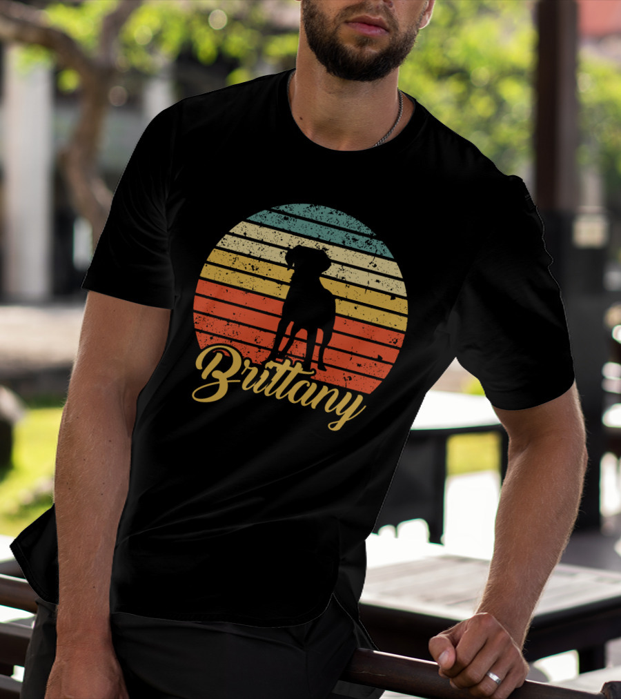 Brittany Spaniel Silhouette Retro Sunset Stripes T-Shirt