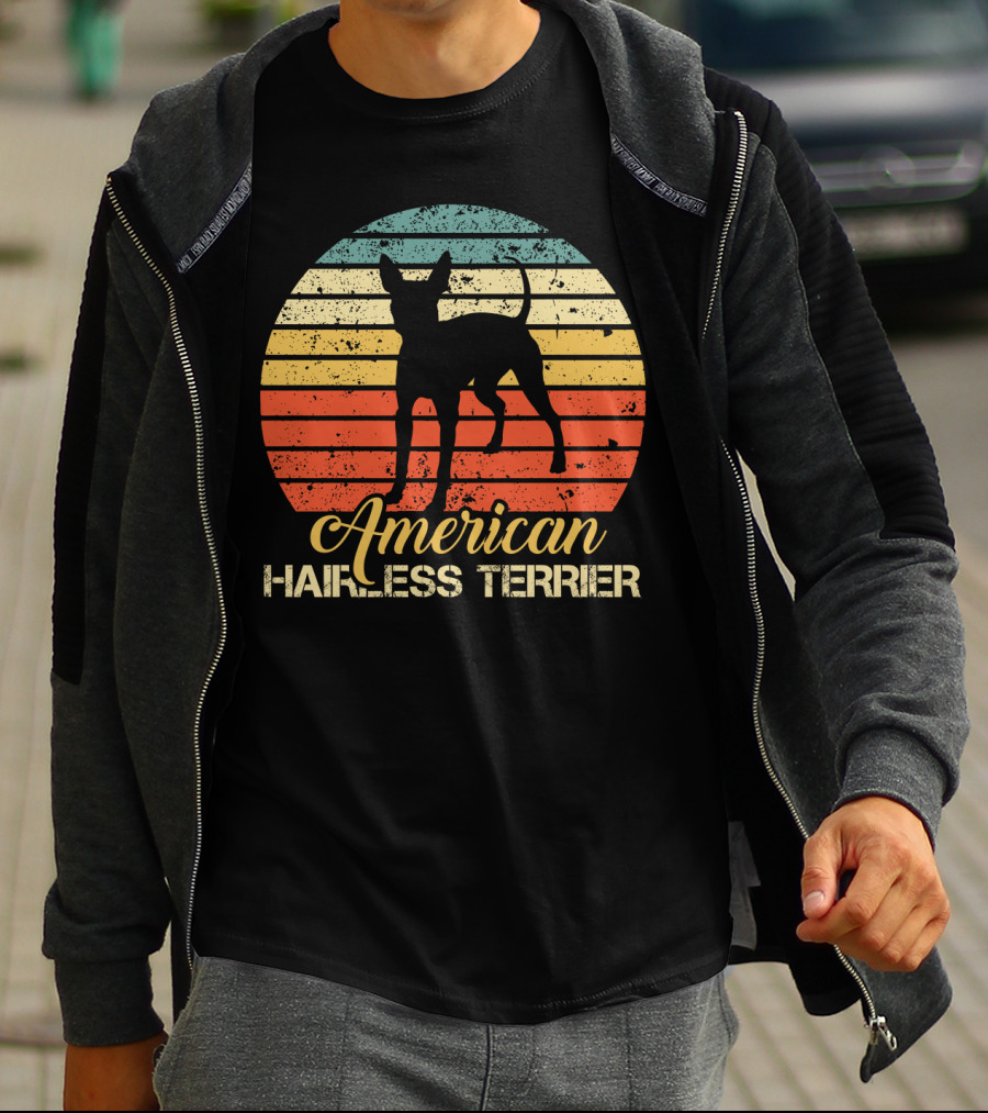 Retro Vintage American Hairless Terrier With Striped Sunset Background T-Shirt