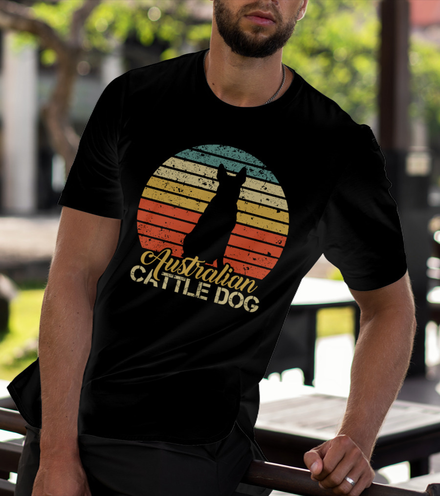 Retro Australian Cattle Dog Silhouette With Vintage Striped Sunset T-Shirt