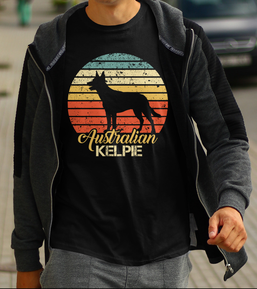 Retro Australian Kelpie Silhouette With Vintage Stripes T-Shirt