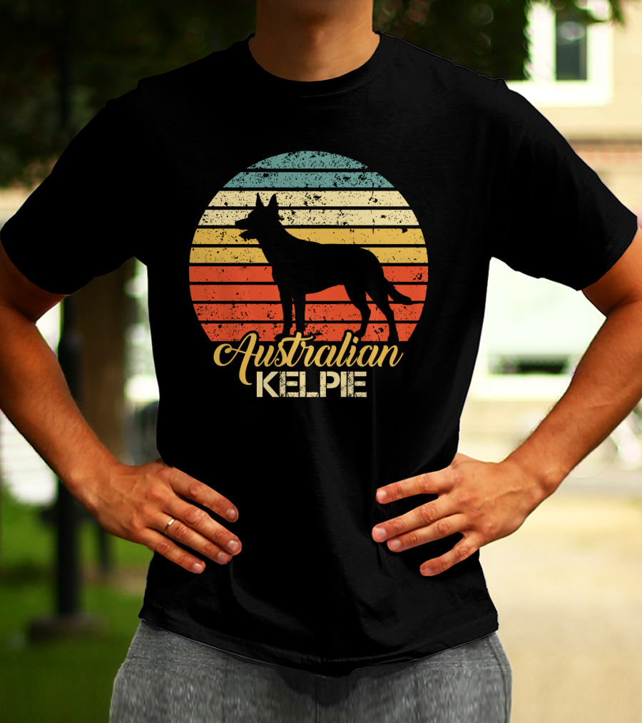 Retro Australian Kelpie Silhouette With Vintage Stripes T-Shirt