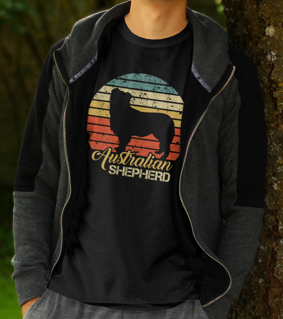 Retro Striped Silhouette Vintage Australian Shepherd T-Shirt