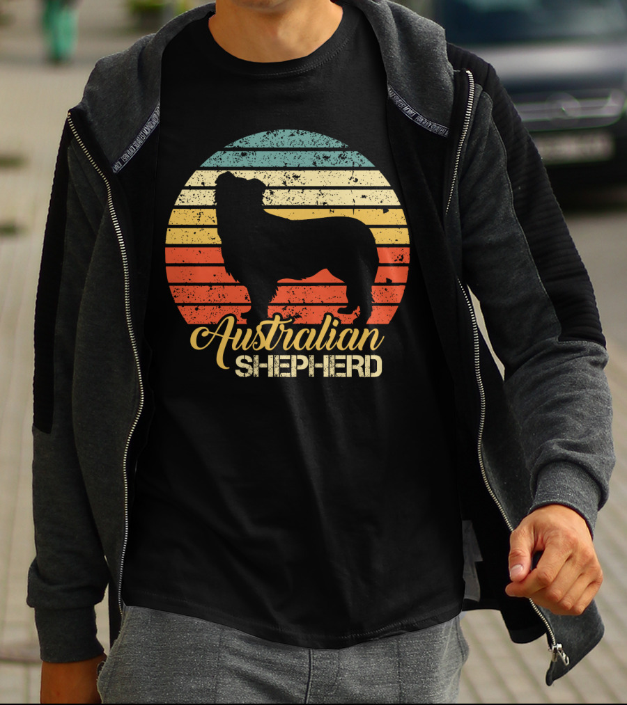 Retro Striped Silhouette Vintage Australian Shepherd T-Shirt