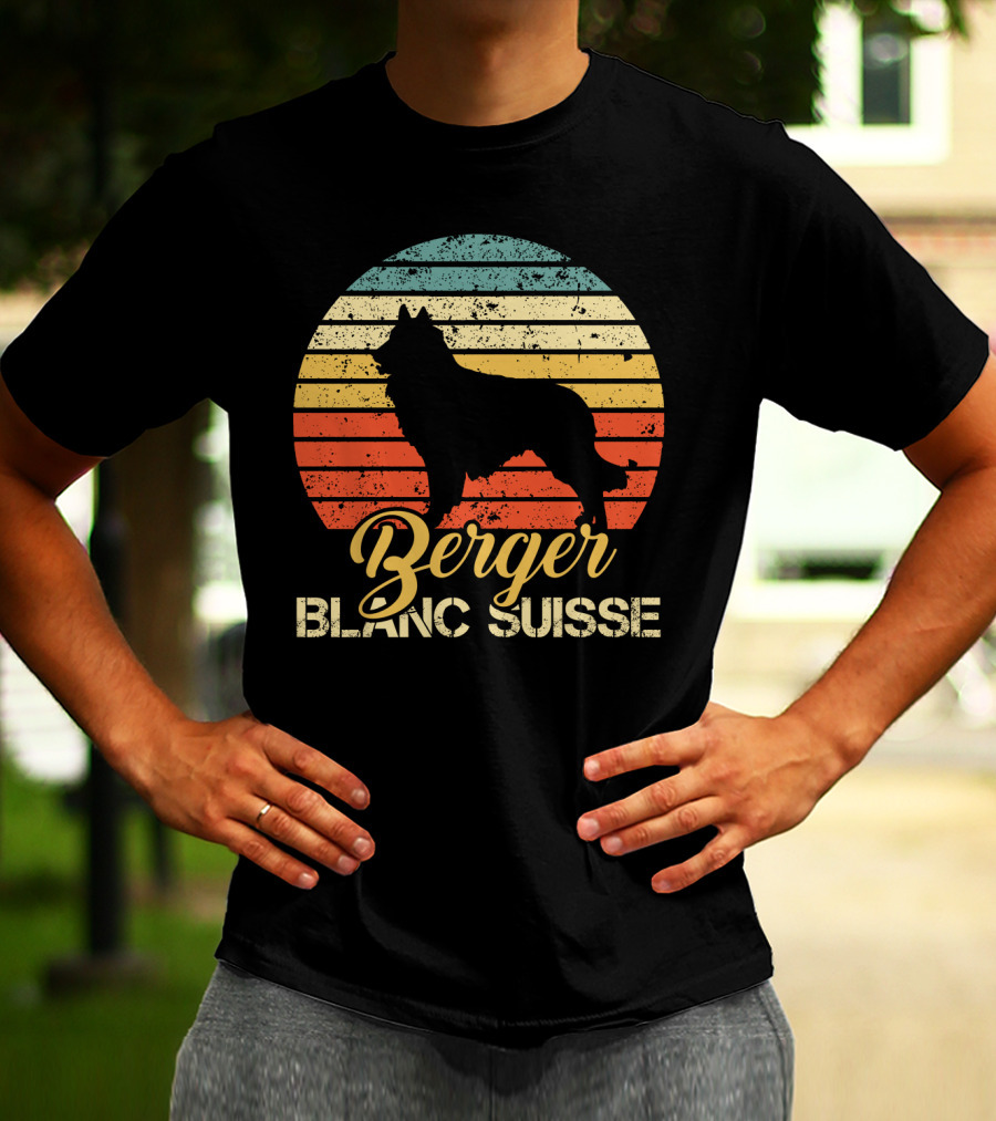Retro Sunset Silhouette Berger Blanc Suisse Text T-Shirt