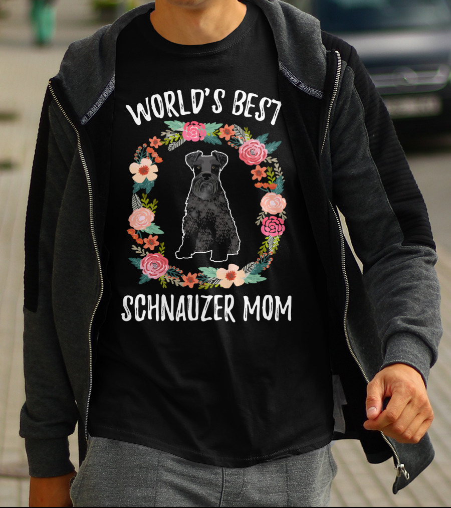 World's Best Schnauzer Mom Black Schnauzer Floral Wreath T-Shirt