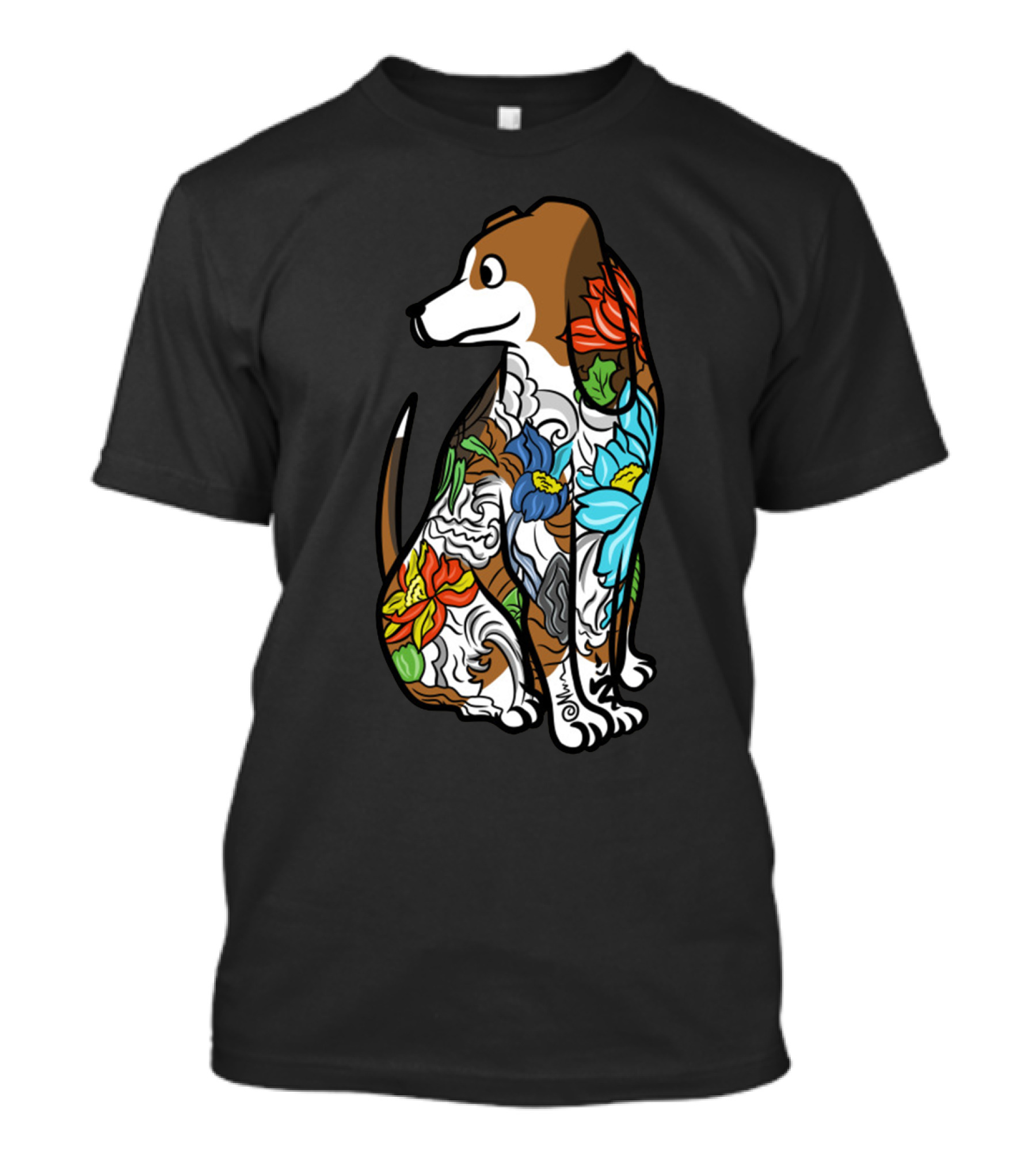 Basset Hound Tattoo Floral Art Design With Vibrant Colors T-Shirt