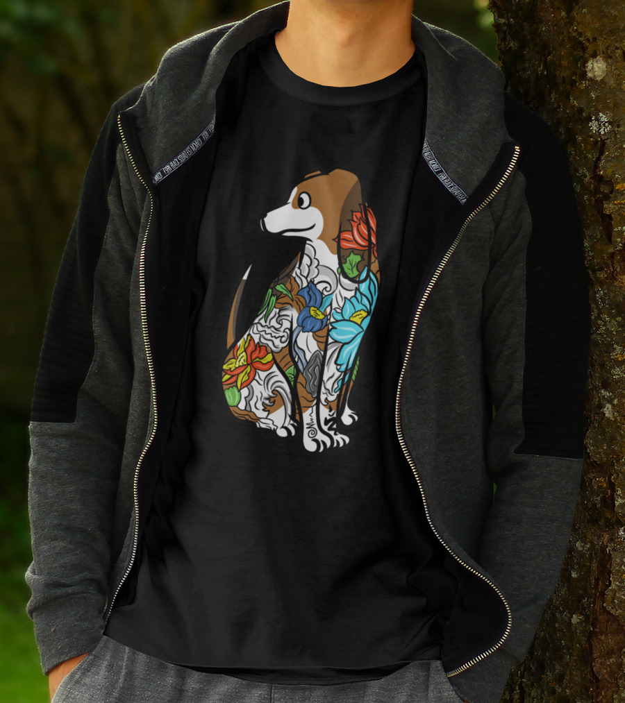 Basset Hound Tattoo Floral Art Design With Vibrant Colors T-Shirt