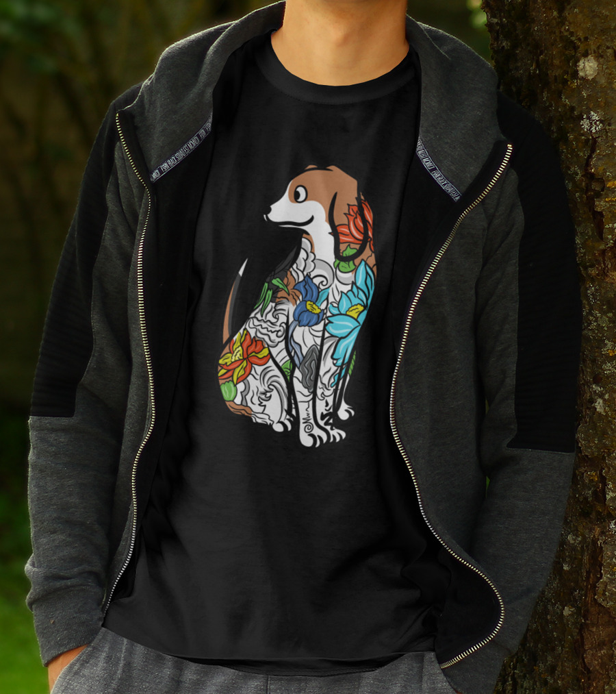 Beagle With Vibrant Floral Tattoo T-Shirt