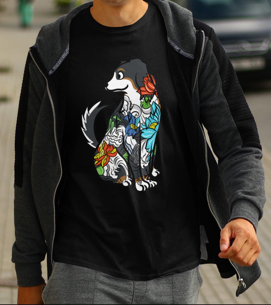 Colorful Floral Tattoo Style Bernese Mountain Dog T-Shirt