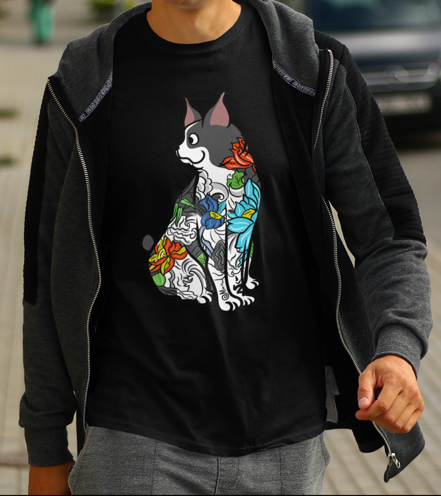 Boston Terrier With Colorful Floral Tattoo T-Shirt